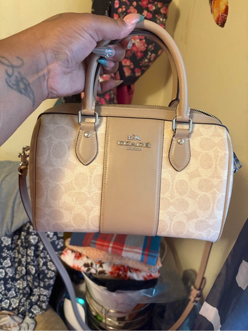 Coach Beige Signature Small Satchel with Leather Trim